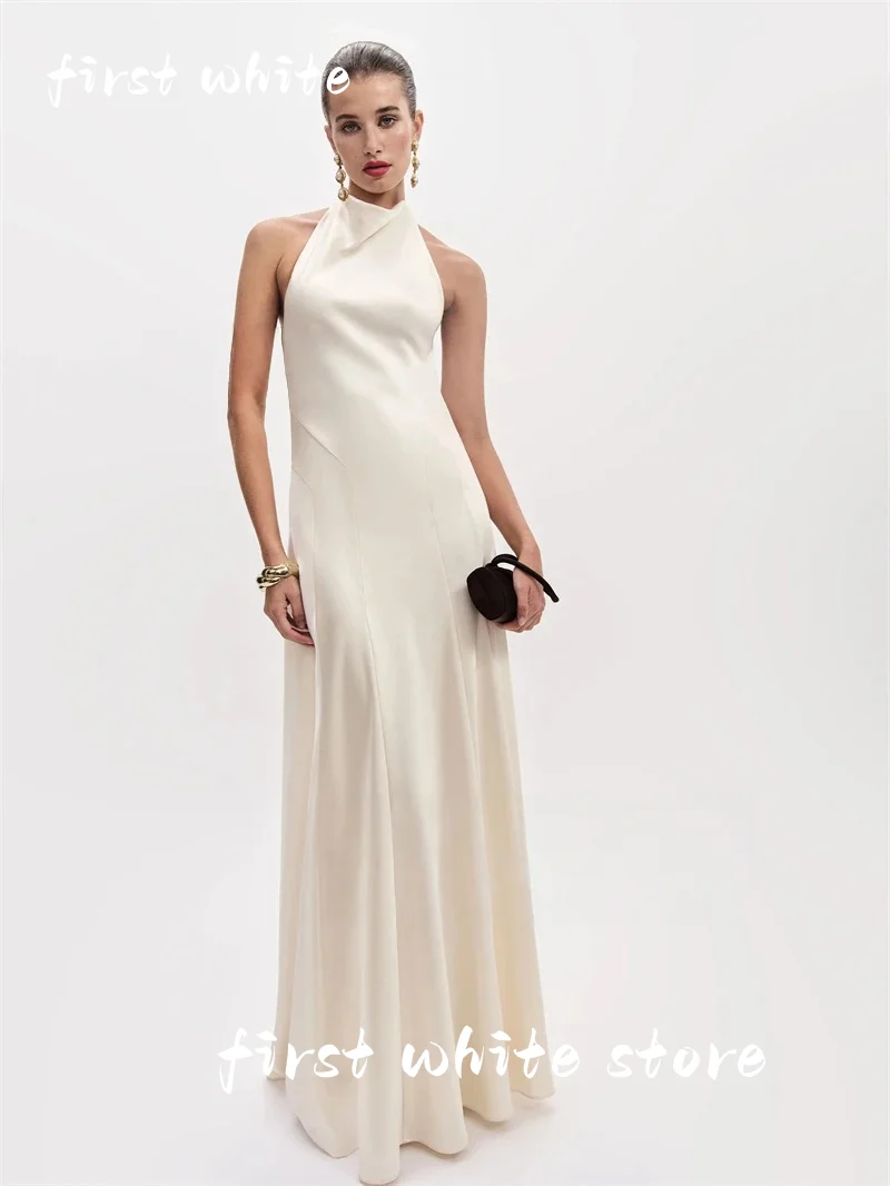 

Первые белые шелковые атласные свадебные платья с открытой спиной и высоким воротом, женские простые пляжные платья невесты по индивидуальному заказу, белые вечерние платья