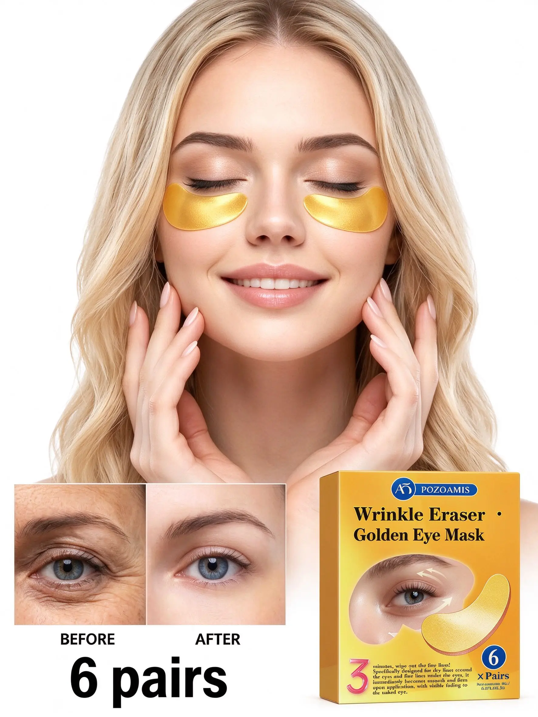 Gold Collagen Eye Masks for Anti-Aging, 24K Gold Under Eye Patches with Hyaluronic Acid & Peptide, Hydrating Dark Circles and Pu