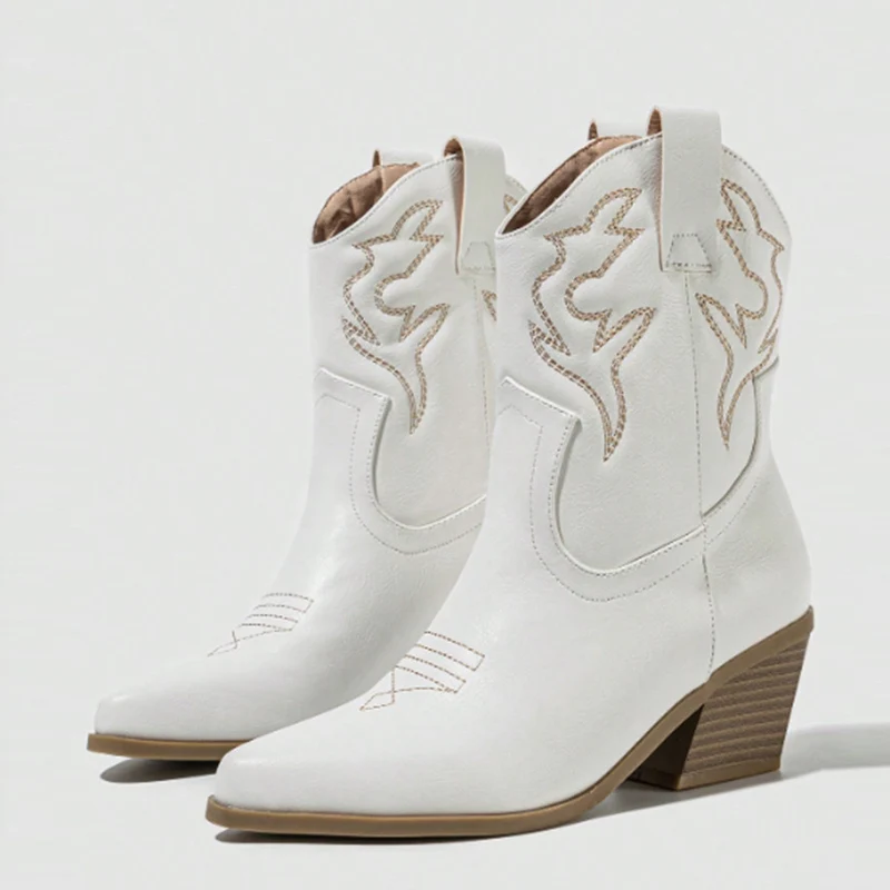 Liyke Western Style Cowboy Ankle Boots For Women Embroidery Leather Pointed Toe Autumn Winter Low Thick Heels Shoes Black Brown
