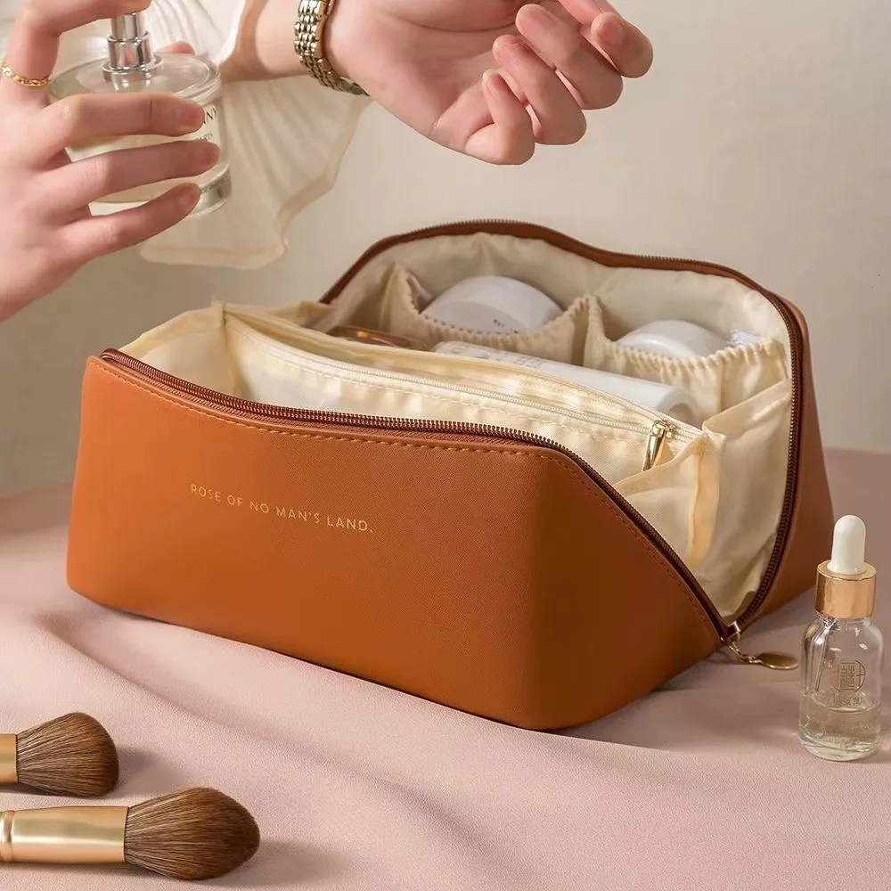 Premium Solid Color PU Leather Premium Feel Handbag Multifunctional Layered Makeup Bag For Carrying Travel Toiletries New
