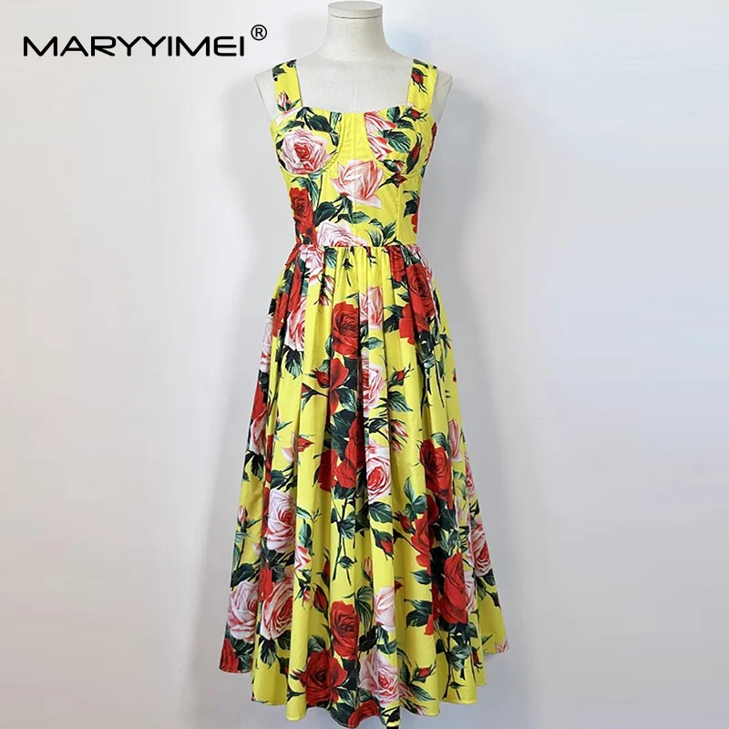 

MARYYIMEI Floral-Print Pleated Splicing Fashion Dress For Women Spaghetti Strap Backless Dresses Beach Vacation Cotton Clothes