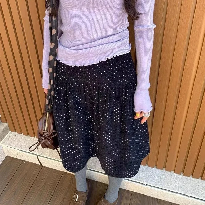 Corduroy Polka Dots Midi Skirt Women Vintage High Waist Button Fall Winter Skirts Harajuku A Line All Match Casual Retro Skirt