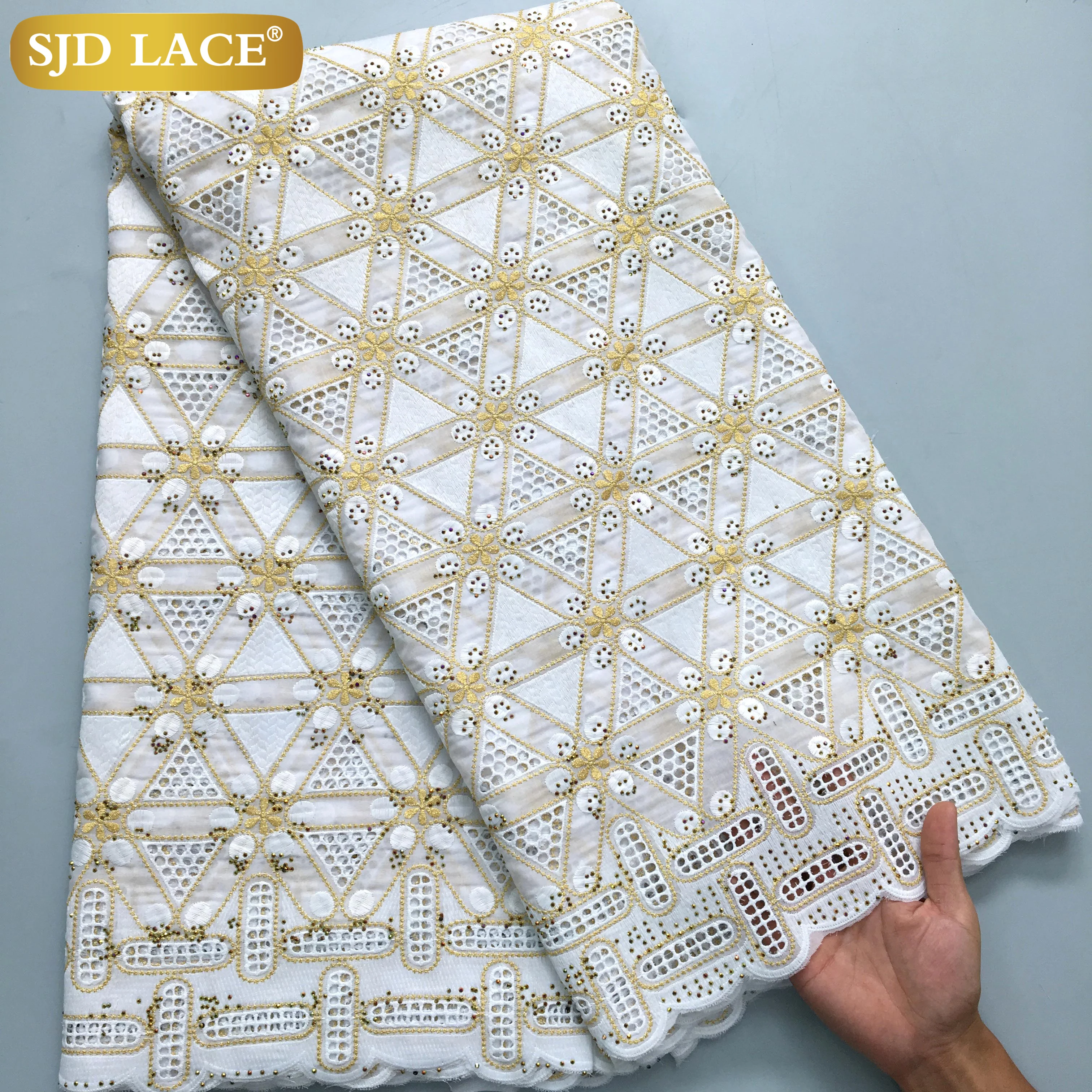 SJD LACE African Cotton Lace Fabrics 2024 High Quality Nigerian Stones Swiss Voile Lace for Women Wedding Party Dresses Sew3972