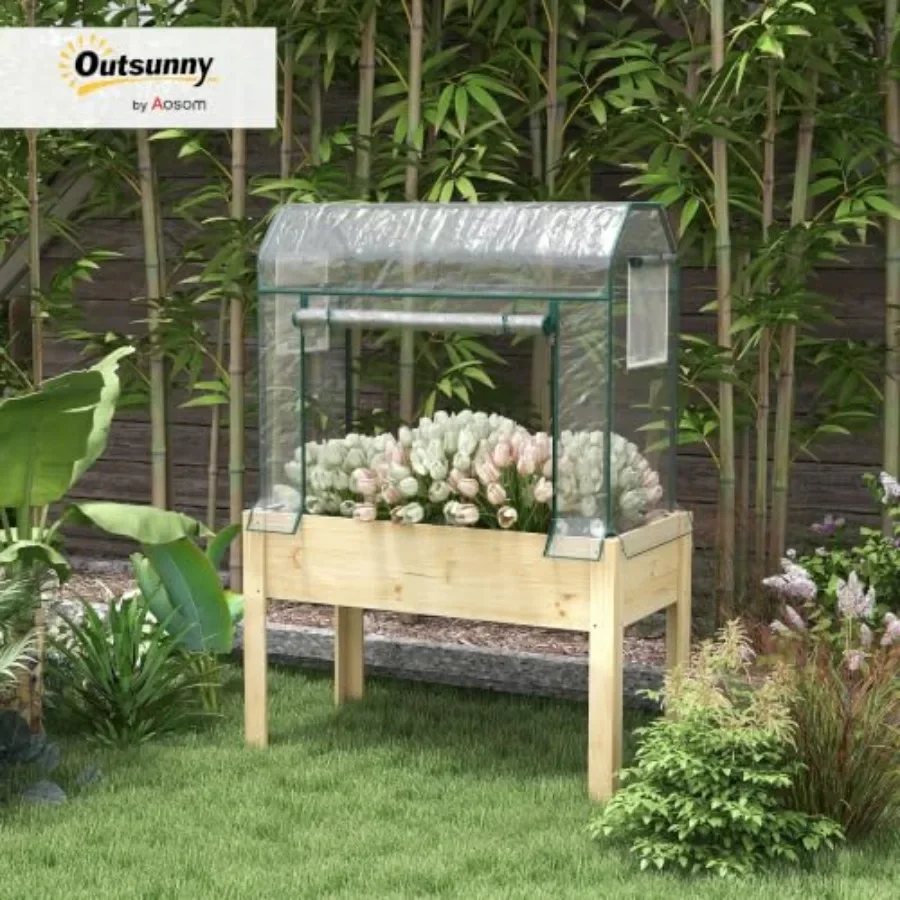 Raised Garden Bed with Greenhouse Cover 45 x 24 x 65 Inch Natural