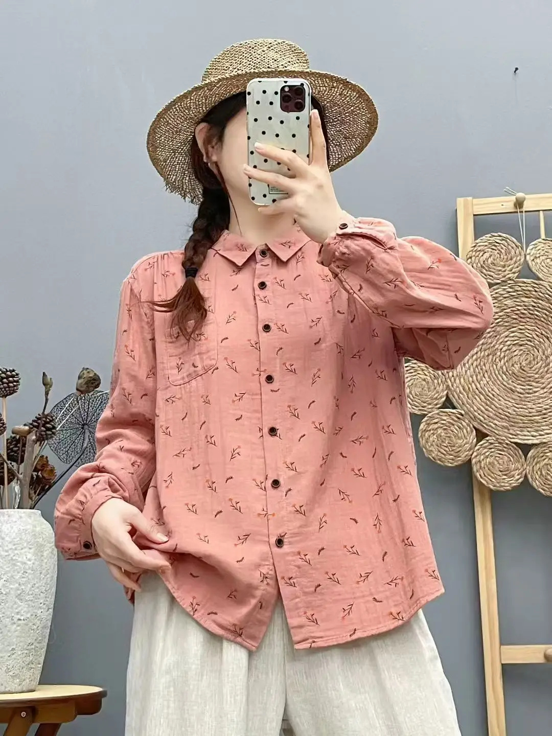 جديد 2025 قميص خريفي بأكمام طويلة من غزل القطن ، طباعة ياقة مقلوبة للسيدات ، بلوزة فضفاضة أنيقة من Mori Girl Sweet Prairie T58022CC