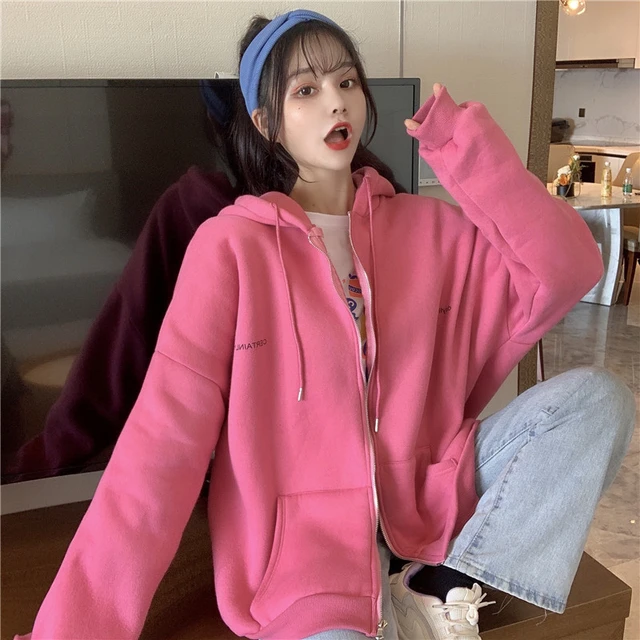 Korean Fashion Young Style Streetwear Zip Up Hoodie Women Girls Kawaii Big Loose Casual Oversized Sweatshirt Cheap Wholesale Hoodies Sweatshirts