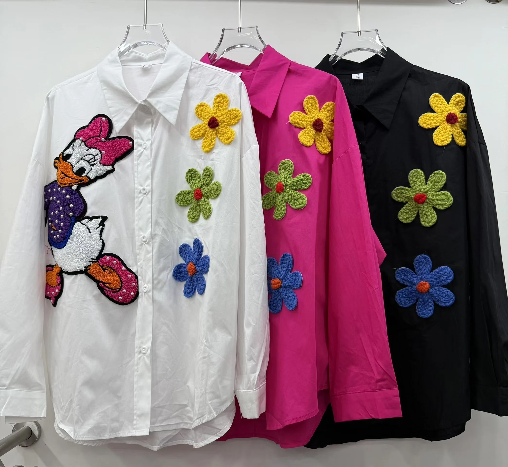 2025 Summer Loose Color Block Cartoon Top European Style Cartoon Duck Patch Embroidery Long Sleeve Shirt for Women