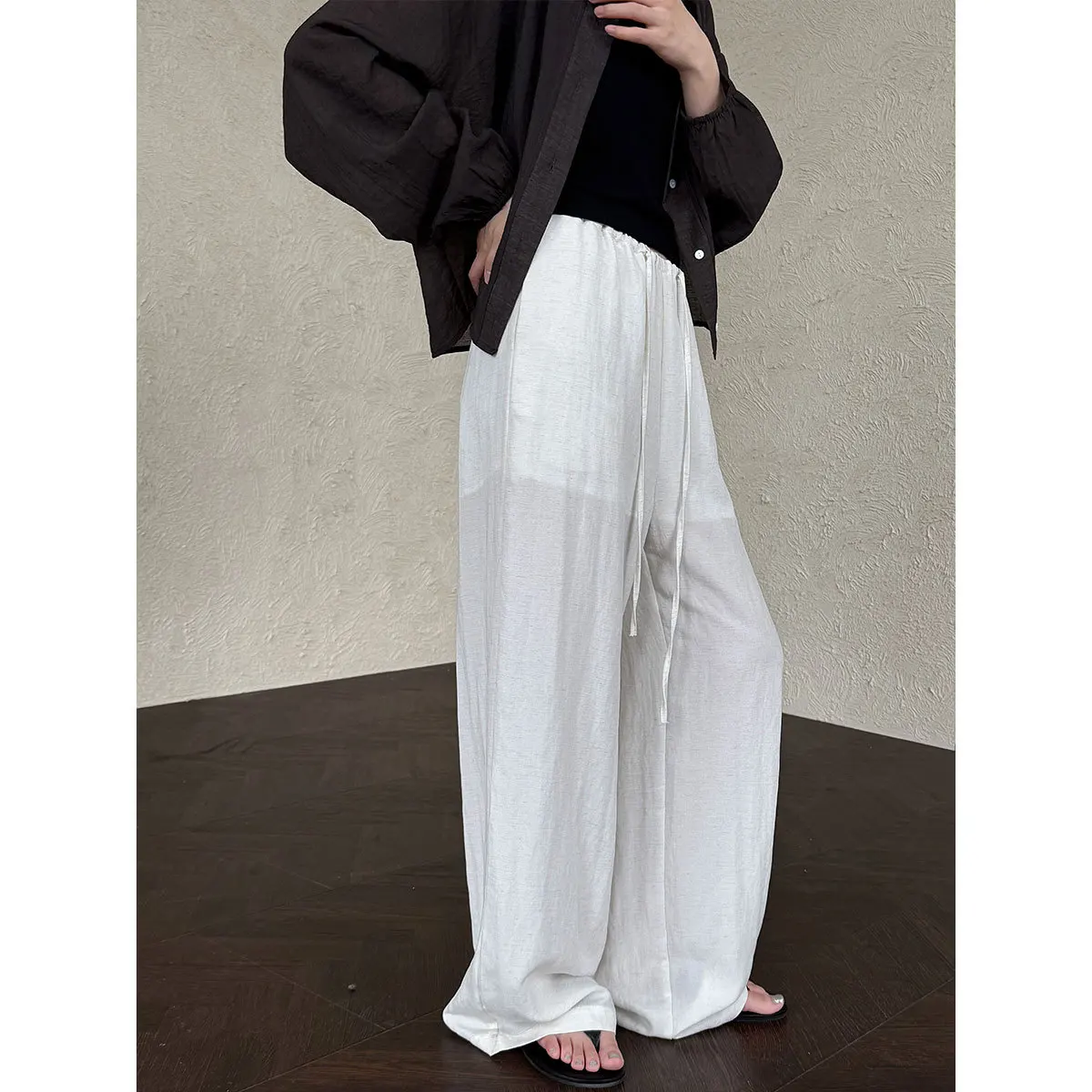 กางเกงขายาวผ้าลินินเอวยางยืดทรงหลวมขากว้างสำหรับผู้หญิง กางเกงลำลองใส่สบายเบาและเย็นสำหรับฤดูร้อน