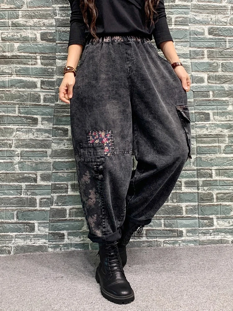 Amax LuluE 2025 الخريف السيدات الدنيم السراويل فضفاضة عادية الأزهار الجينز المرأة عادية الكلاسيكية التطريز خمر الشرير الحريم بنطلون #5
