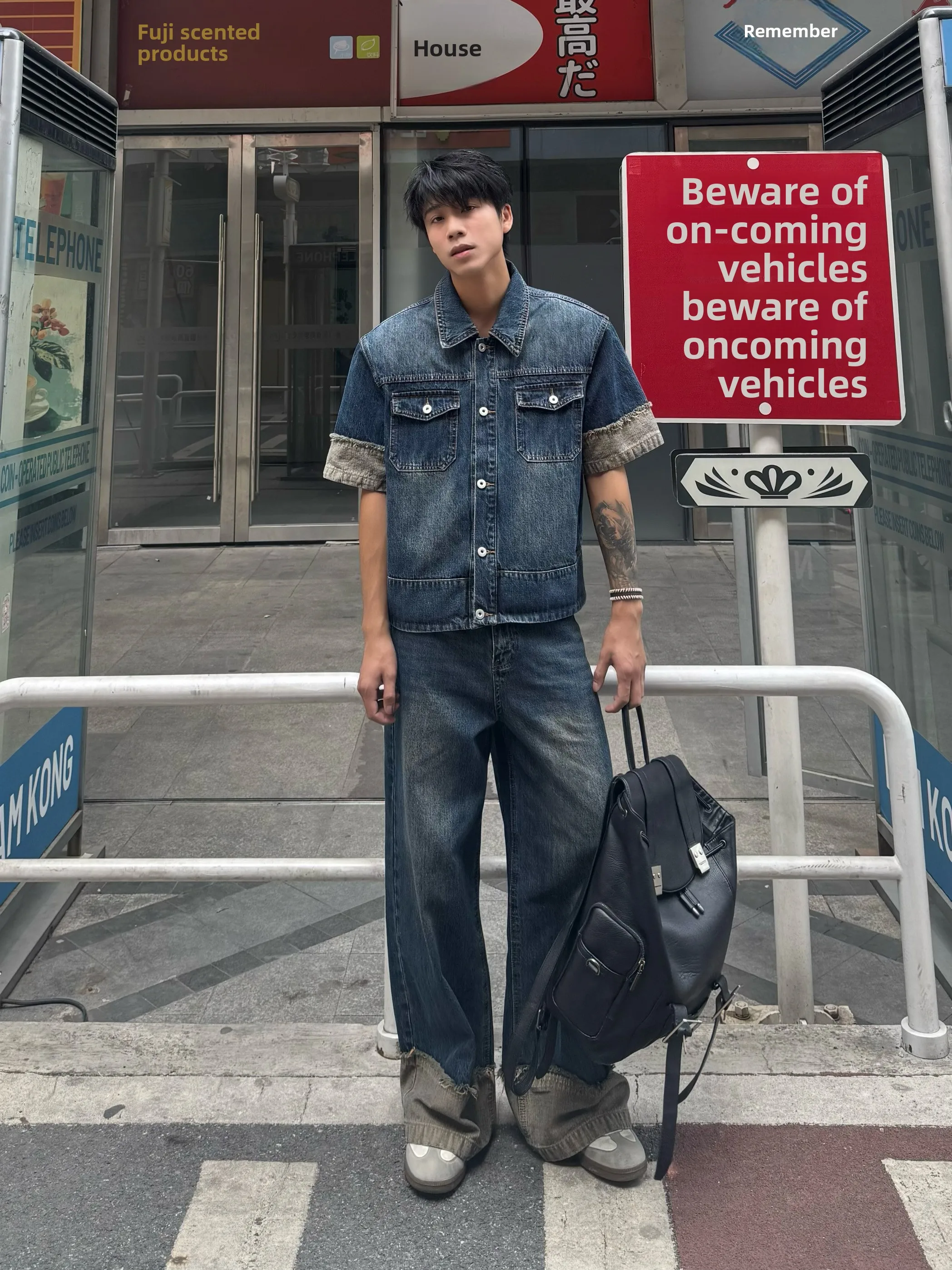 

American Retro Waed Patchwork Jeans Set for Men Summer Trendy Loose Casual oulder Pad ort Sve Denim Pants