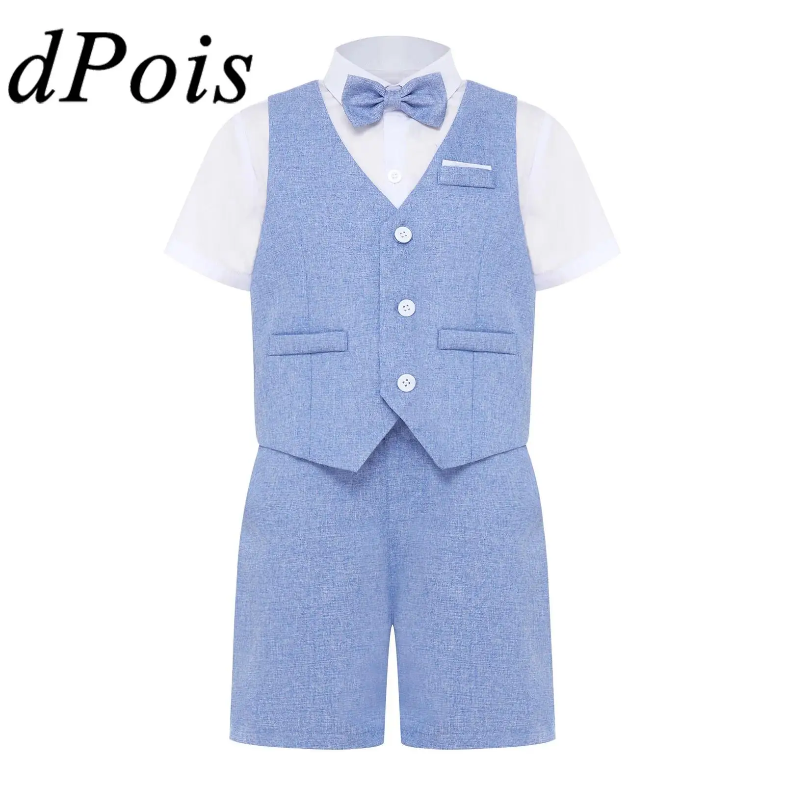 Child Gentleman School Uniforms Formal Dress Suit Boy Party Outfit Short Sleeve Bow Tie Shirt Vest Shorts Kids Birthday Set