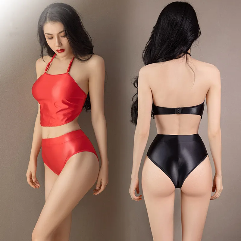 

Sexy Lingerie Outfit Erotic Glossy Bellyband Black Sexy Porno Bodysuit Attractive Retro Style Suspenders Ultra-thin Pajama Set