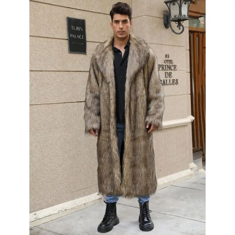 Men Long Faux Fur Coat Lapel Collar Open Front Thick Warm Fluffy Luxury Winter Overcoat Casual Outerwear