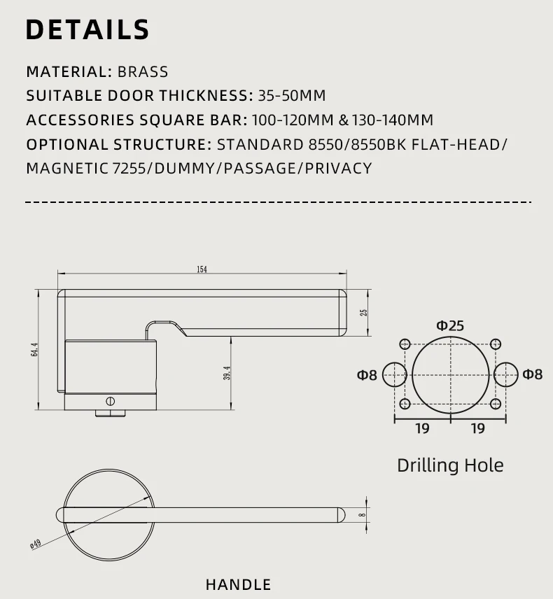 DOOROOM Türschloss-Set aus massivem Messing, matt gebürstetes Kupfer, Türschloss, leichtes Luxus-Schlafzimmerschloss, Flurschloss, Dummy-Schloss – Detail 4