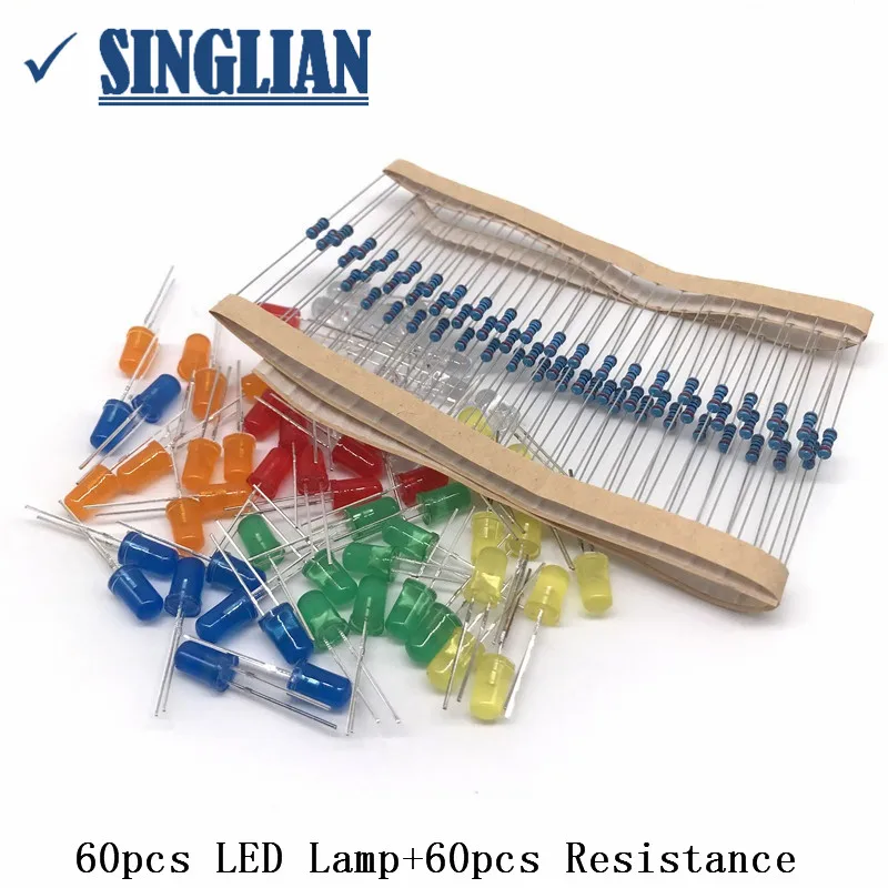 6 Colors Red Green Yellow White Blue Orange 5MM LED Light-emitting Diode Kit Package Include 60pcs LED Lamp+60pcs Resistance