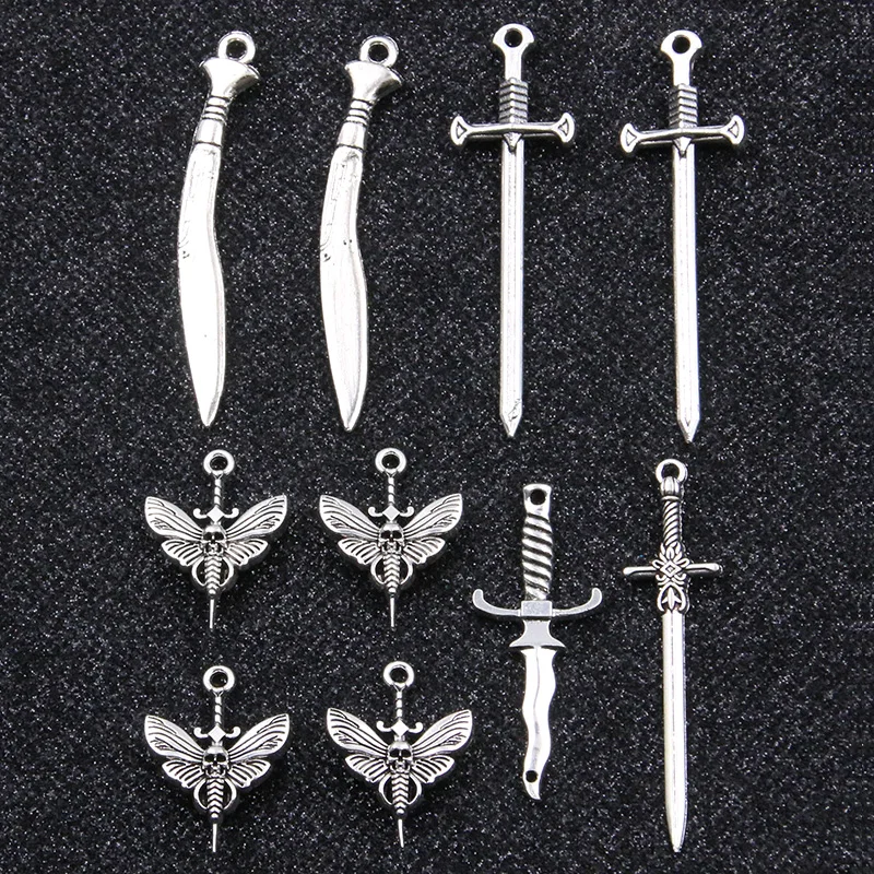 10PCS 5 Styles Wholesale Mixed Alloy Antique Knight Sword Knife Charms For Jewelry Making DIY Handmade Weapons Pendant