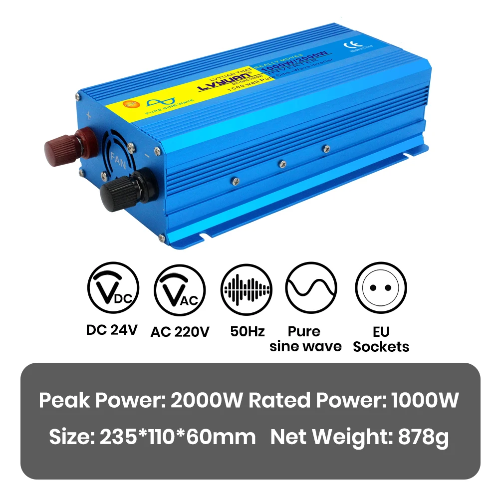 Lvyuan Zuivere Sinusomvormer 2000W DC 12V 24V naar AC 220V 240V Continu Vermogen 2000W Omvormer