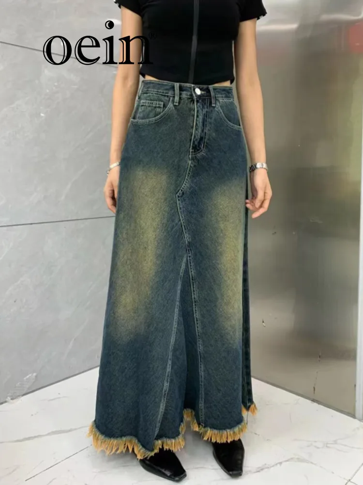 

[oein] ~Autumn New A-line Spliced High Waisted Denim Long Skirt For Women