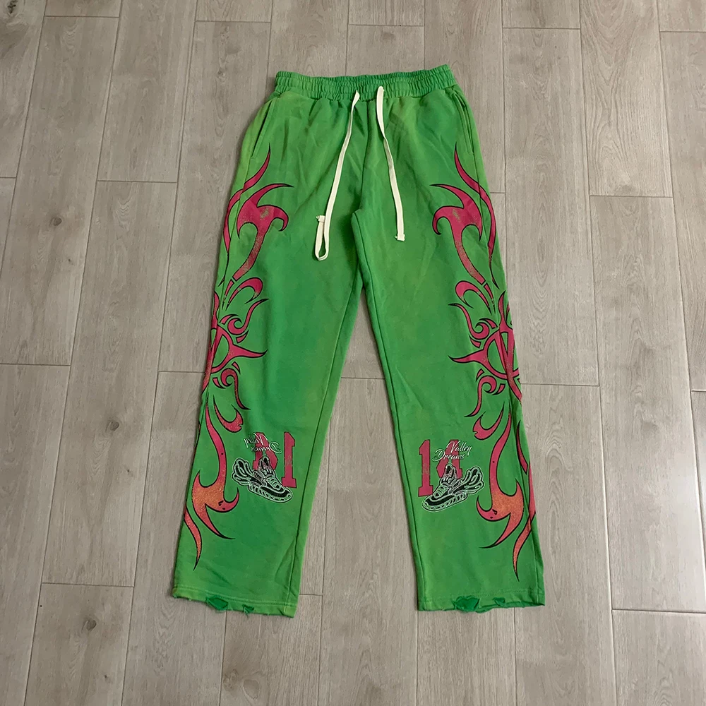 High Street Flame Distressed Hole Drawstring Sweatpants for Men Elastic Waist Vintage Joggers Loose Cotton Sweat Pants Oversized