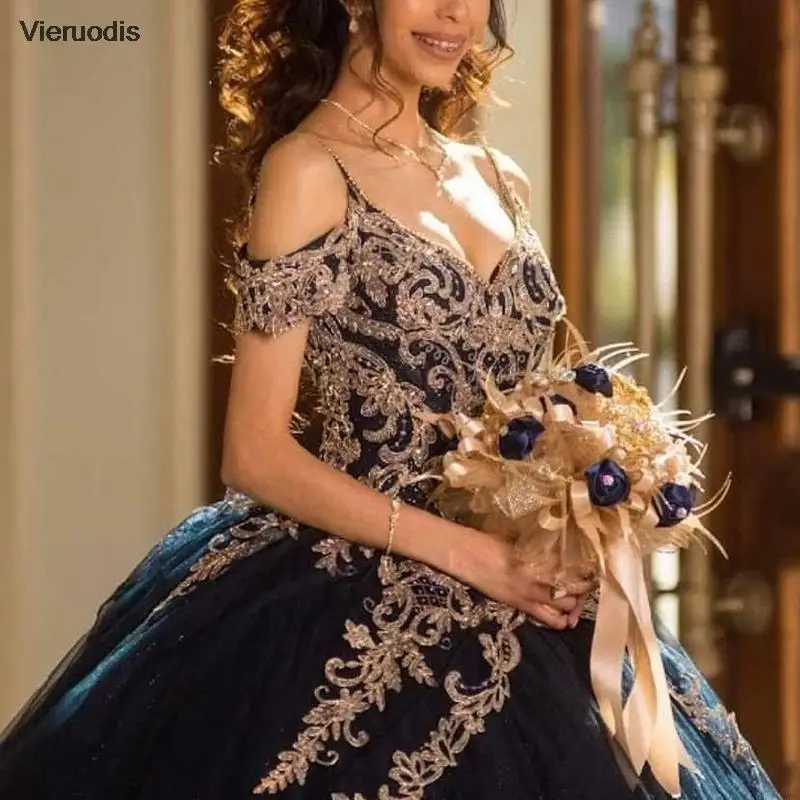 2021 vestidos quinceanera azul marinho vestido de baile com apliques champanhe sexy fora do ombro lindo vestido de festa para menina de 16 anos