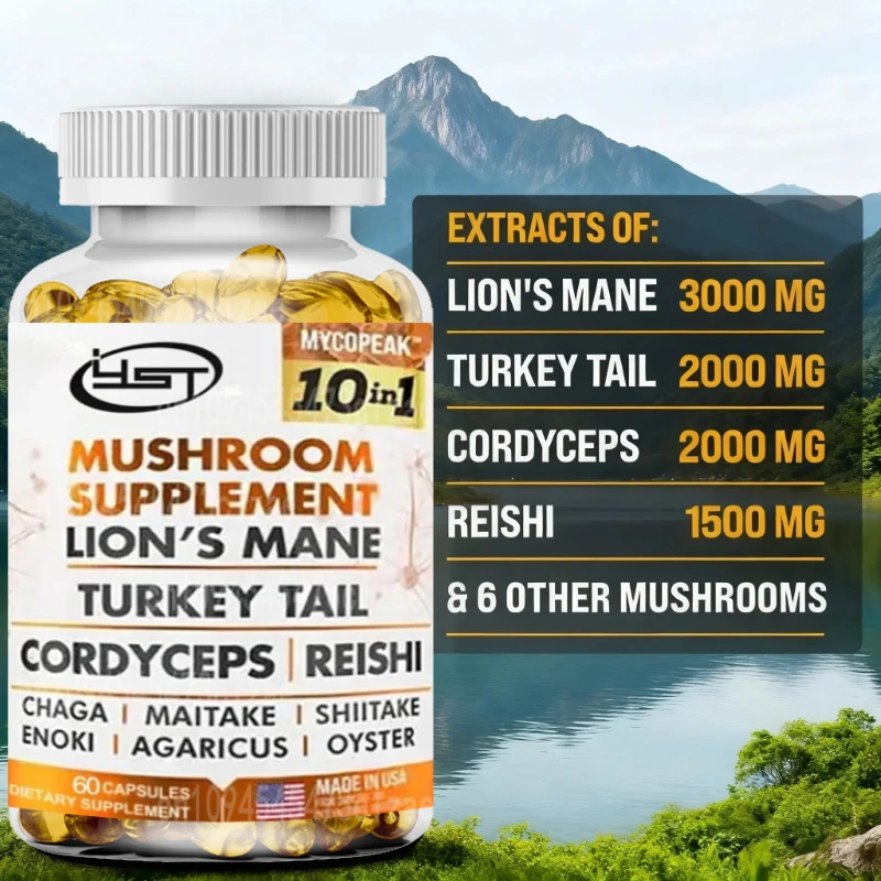 

Грибовая добавка 10x Complex — Lion's Mane, Turkey Tail, Cordyceps, Reishi — Memory & , Добавка для поддержки мозга