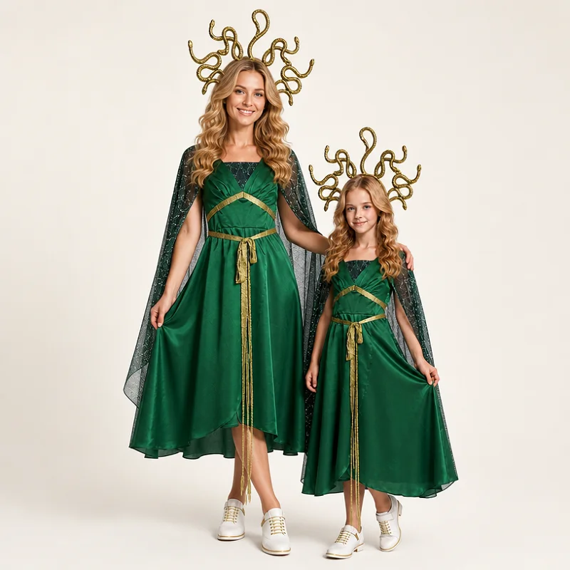 Girls Medusa Costume, Greek Mythology Gorgon Dress with Free Snake Headpiece,Party Halloween & Stage Performance Outfit for Kids