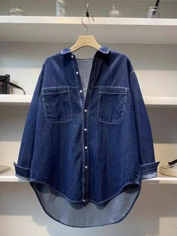 

Autumn Retro Blue Denim Versatile Long Sleeved Festival Tops Women Single Breasted Loose Asymmetric Jean Shirt Streetwear trendy