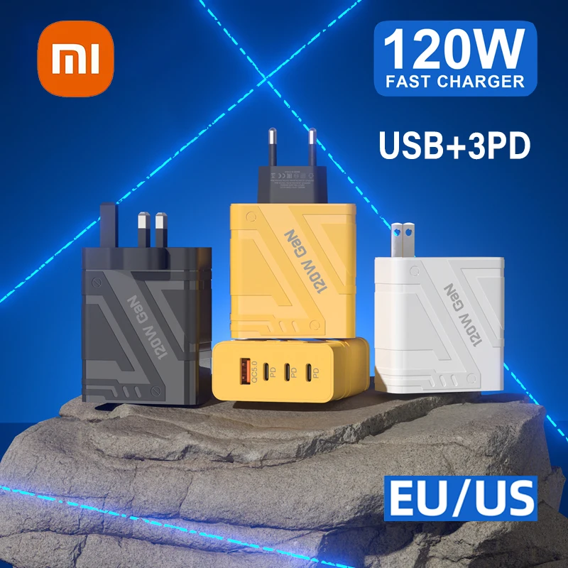 Xiaomi 120W GaN Fast Charger Mechanical Pattern USB 3PD 4Port Charger Speed Charger For iPhone Samsung Xiaomi HuaWei EU US Plug