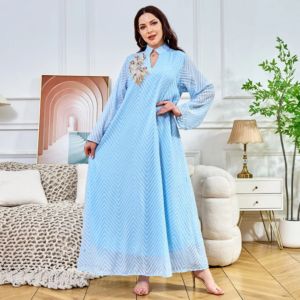 رمضان المرأة العرقية نمط مسلم مطرز الترتر فستان محكم من عند الصدر ويتدلى بشكل واسع موضة جلابية ثوب تقليدي دبي عباية حفلة عالية الجودة