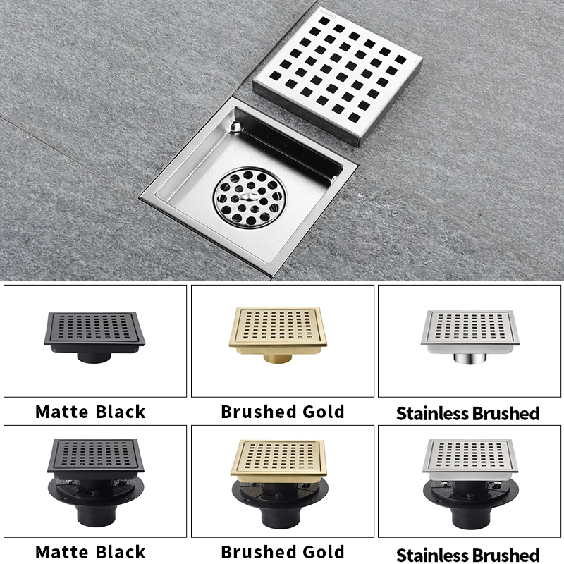 Anti-odor Square Shower Floor Drain with Removable Cover Grid Grate Waste Filter Drainage Grid Drain Strainer SUS 304 Stainless