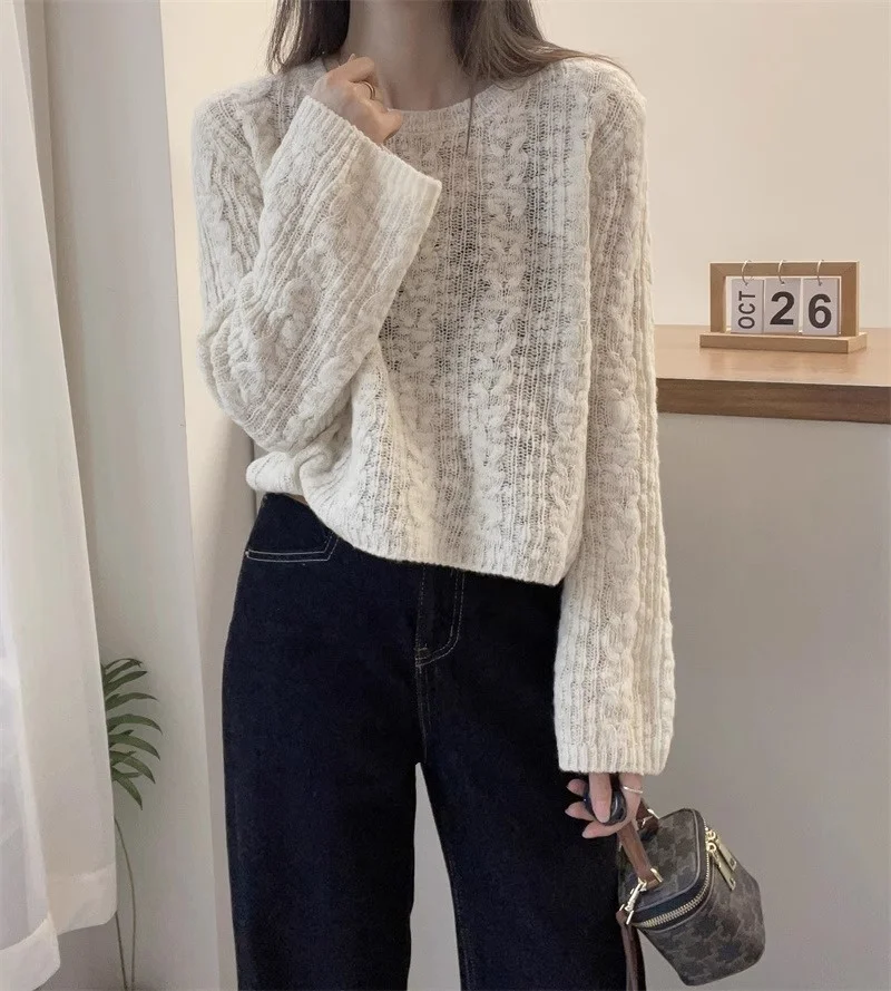 Women Pullover Soft Cable Knit Jumper Crop Plain Sweater with Long Sleeve Crew Neck Box-fit Teen-girl Fall Winter Basic Outfit