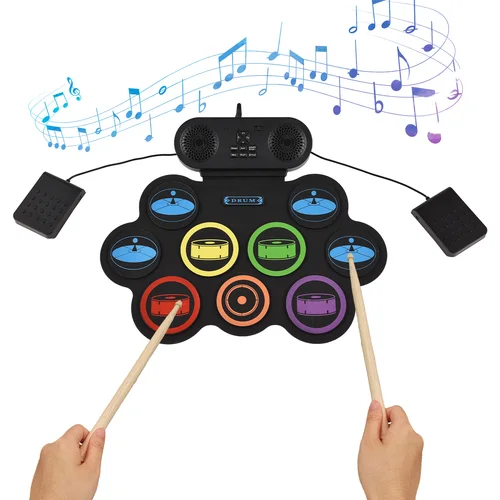 Imagen 2 del producto Juego de batería electrónica de 9 almohadillas, juego de batería con rodillo manual, compatible con DTX Gaming/BT, altavoz doble, 7 estilos de batería, 6 ritmos, 10 canciones de demostración, tambor de almohadilla