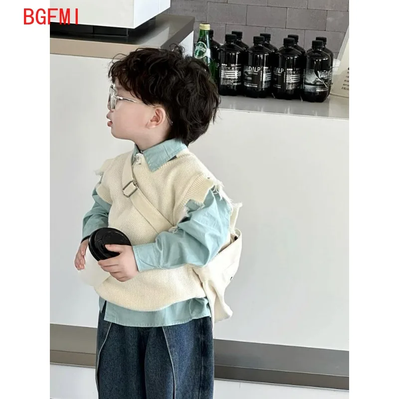 2-10Y Children\'s Set Spring Autumn Tattered Vest+ Blue Shirt+ Jeans Three Piece Set Baby Birthday Set Kids Clothes Boys Outfits