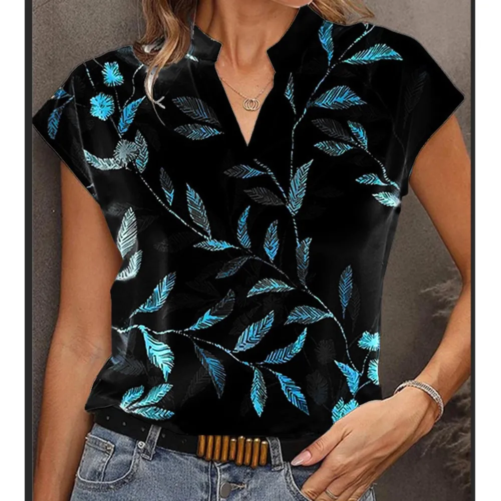 Leaf Print Pullover Blouse Tops 2025 Summer French Fashion Print V-neck Short Sleeved Shirt For Women Blusa Feminino Camicie