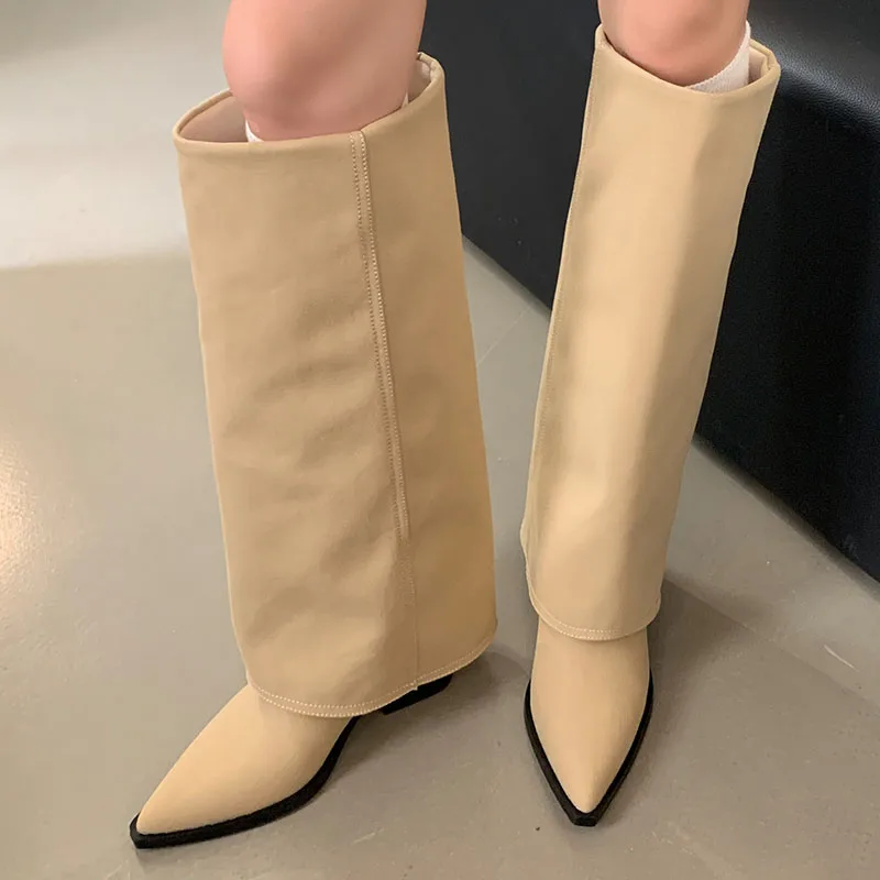 New Fashion Denim Ladies Modern Long Booties With Heels Pumps Shoes Pointed Toe Female Slip On Footwear Women Knee High Boots