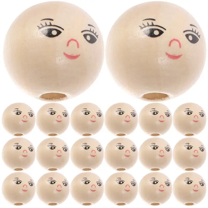 50Pcs Round Wooden Smile Face Beads Wood Loose Round Spacer With Hole DIY Children Beads Log Color Face Wood Beads