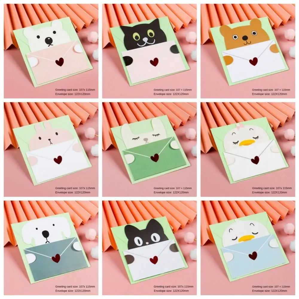 6PCS Bear Rabbit Blessing Thank Envelope Ins Folded Decoration Letter Paper Cute Cartoon Cartoon Greeting Card New Year Gift