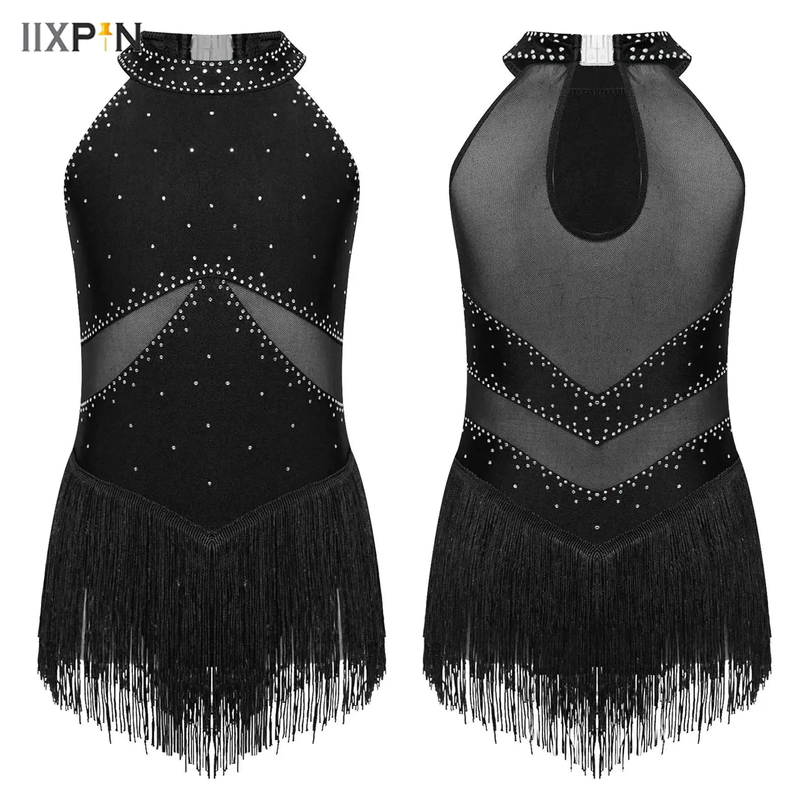 

Kids Girls Fringed Latin Jazz Dance Leotard Dress Rhinestones Sheer Mesh Patchwork Tassel Bodysuit Ballroom Party Gown Costume