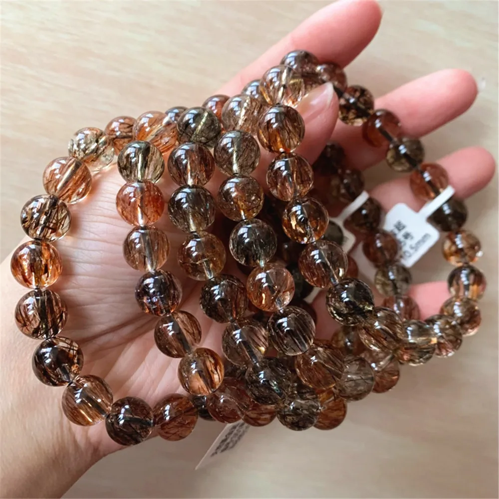Natural Black Copper Super 7 Colorful Rutilated Quartz Bracelet Woman Man Clear Round Beads Stretch 8mm 9mm 10mm 12mm 14mm AAAAA