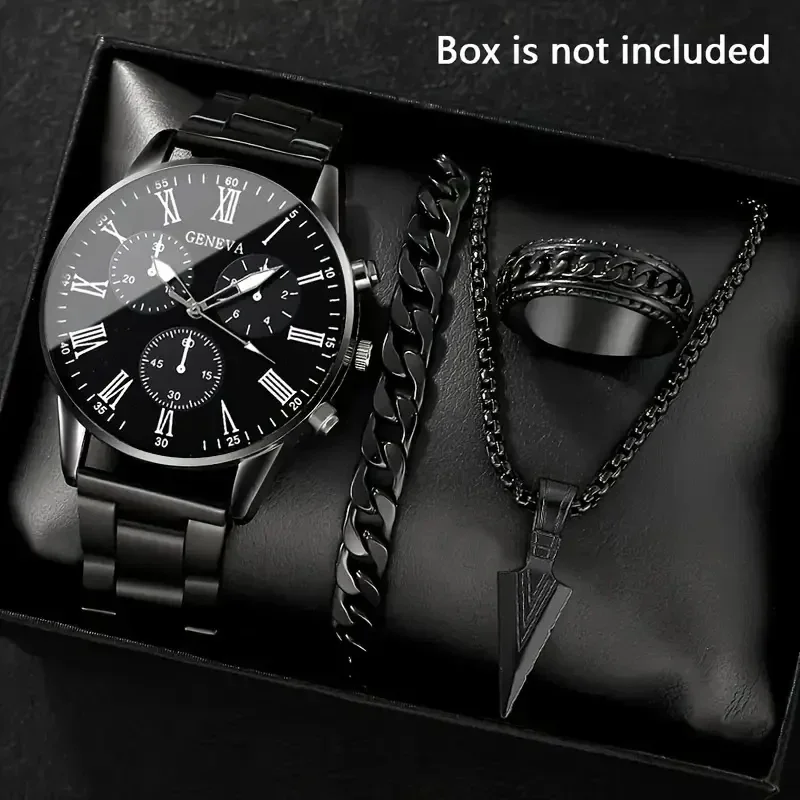 Men's Cool Black Round Roman Digital Quartz Watch+Accessories Set, Casual Business Sports Style, Men's Watch Set (No Box)