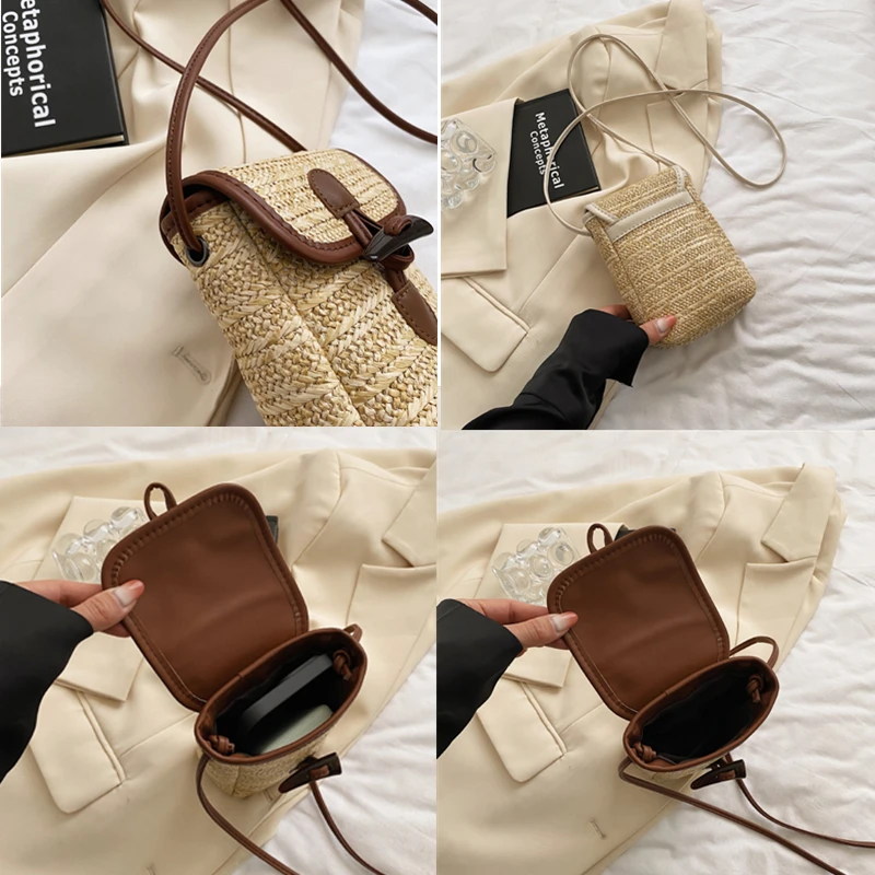 Woven Straw Women Crossbody Bag Summer Bohemia Beach Rattan Female Retro Shoulder Messenger Bag Solid Mobile Phone Coin Purse