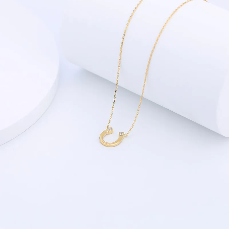 Star jewelry Sterling Silver U-shaped lucky horseshoe double head diamond pendant necklace light luxury exquisite clavicle chain