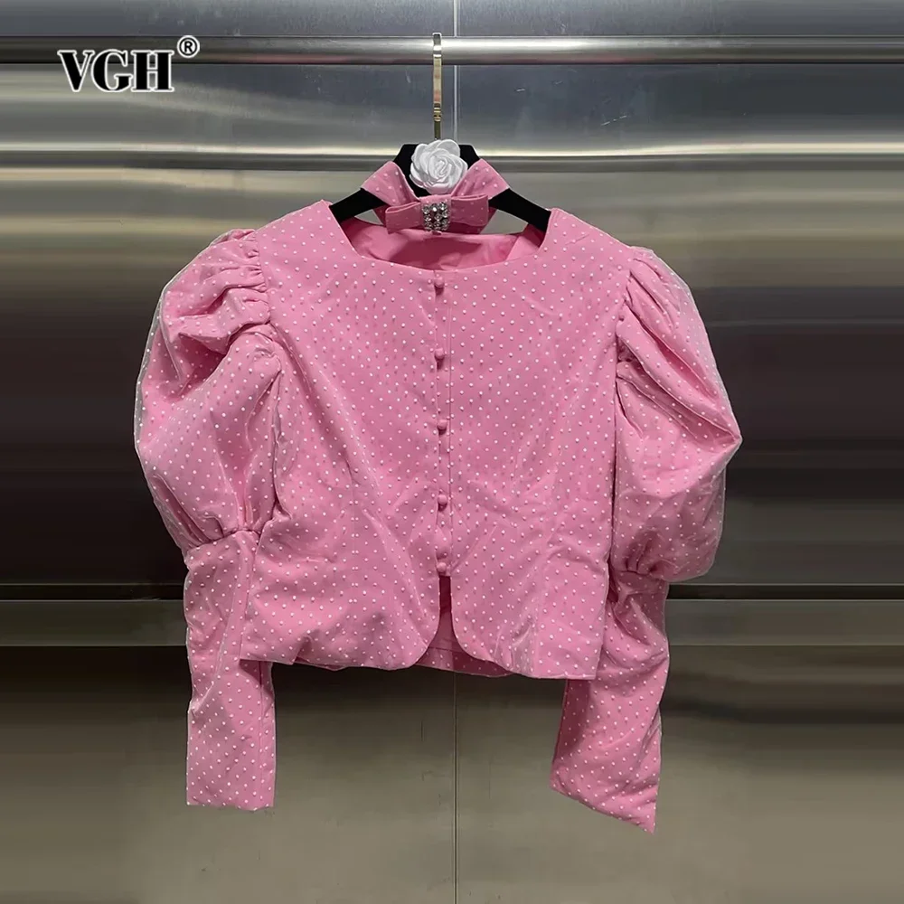 

VGH French Sweet Style Patchwork Bow Short Shirts for Women O Neck Princess Sleeve Temperament Shirt with Button Female Spring