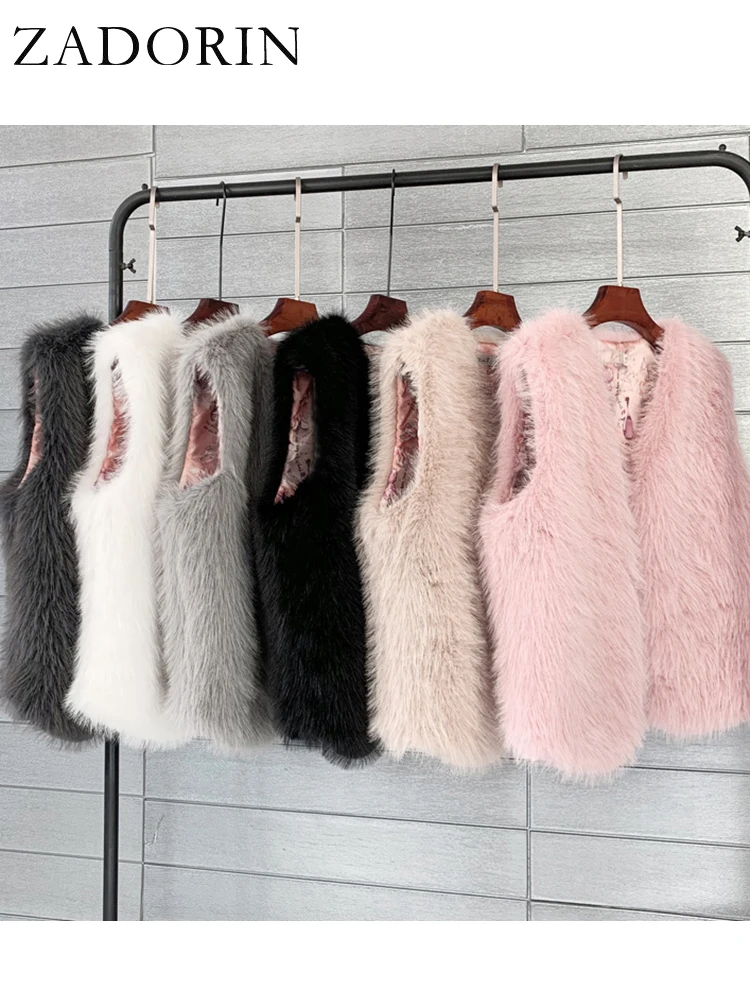 ZADORIN 2024 Autumn Winter Fashion Fur Waistcoat Women Casual Warm Faux Fur Vest V Neck Pink Black White Faux Fur Coat Crop Tops