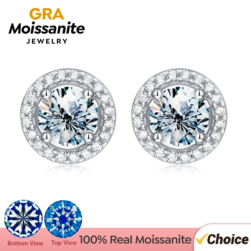 GRA Zircon Moissanite Diamond Stud Earrings for Women Real 925 Sterling Silver Round Halo Earrings Luxury Wedding Fine Jewelry