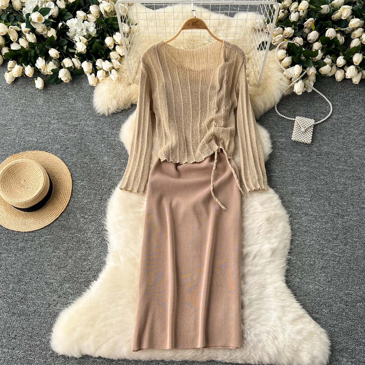 French Vintage Shirring lool sleeve slip knit overcoat with sweet slip A-line Chic Casual Vacation Women Summer dresses