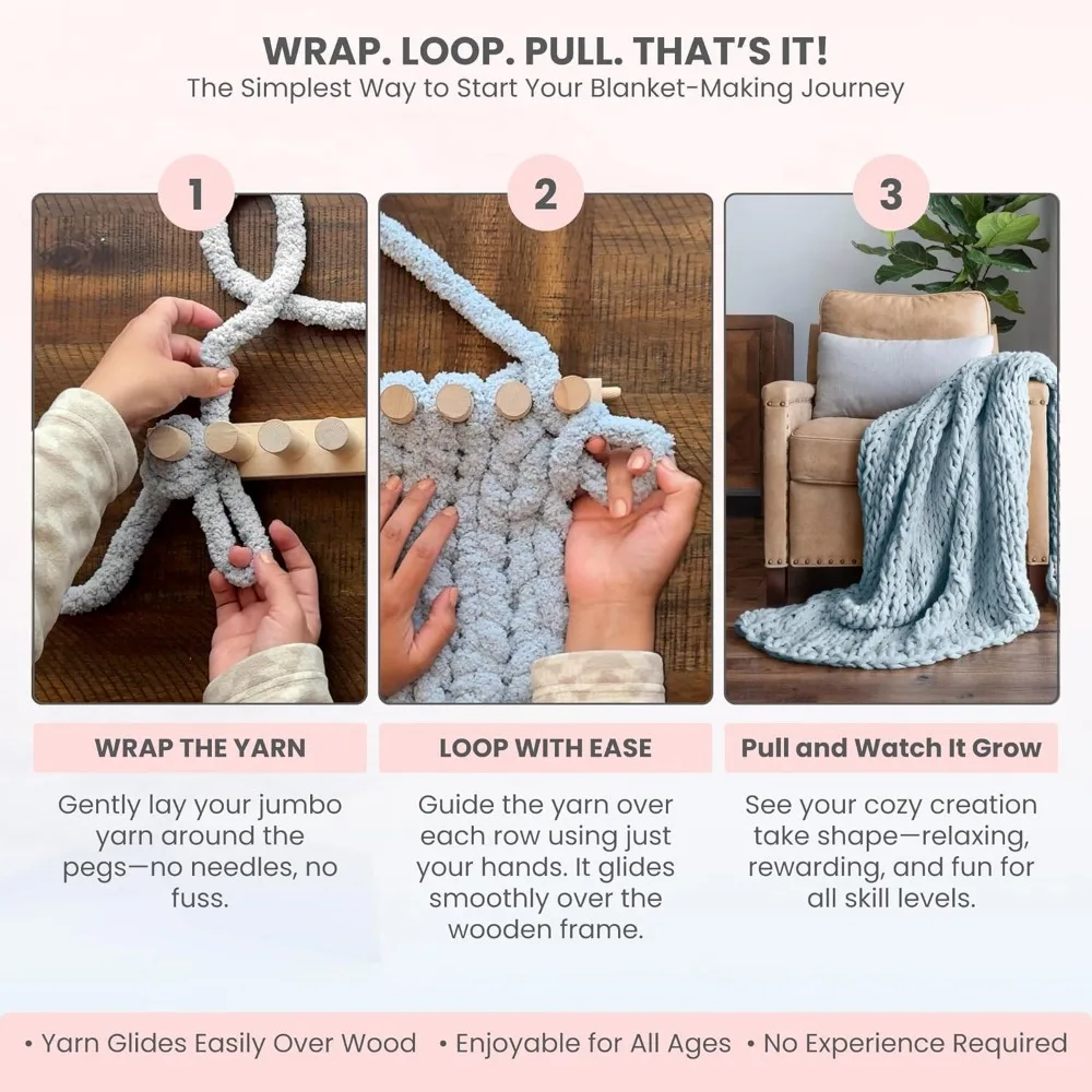 46" Wooden Loom Frame for DIY Throw Blankets Chunky Knit Blanket Kit – Adjustable Size Hand Knitting Kit – No Needles Required