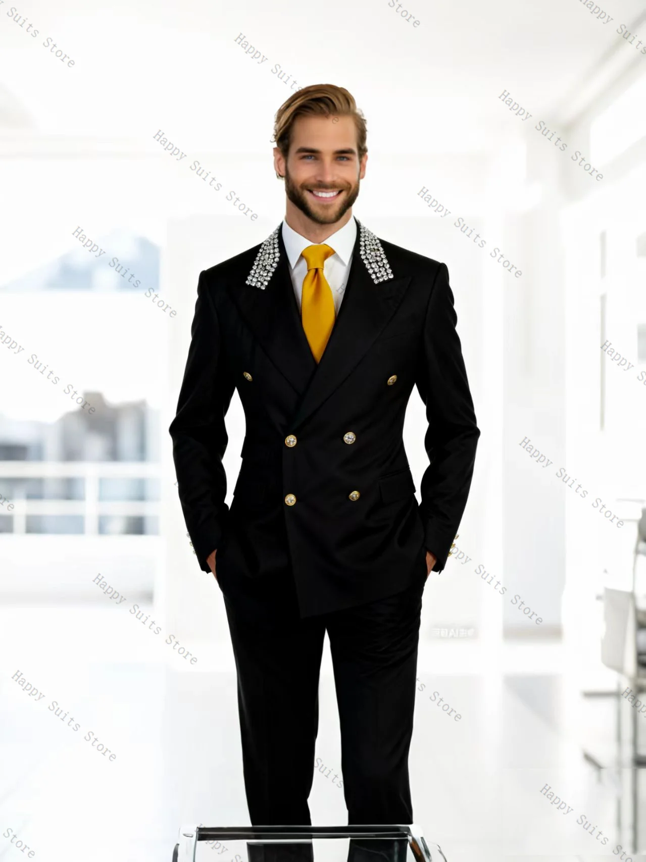 

Black Crystals Men Suit Set 2 Pcs Blazer+Cotton Pants Trouser Formal Office Coat Wedding Tuxedo Customized Jacket Outfit