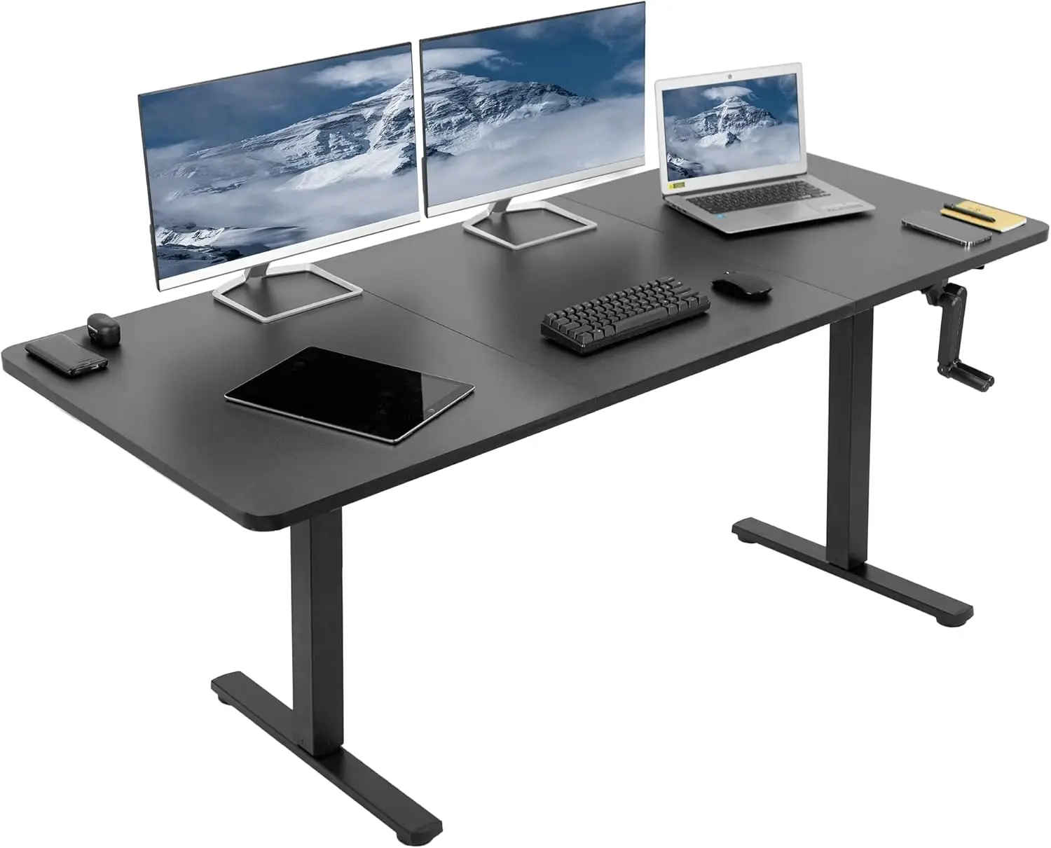 Vivo Manual Height Adjustable 71 X 30 Inch Stand Up Desk, Black Table Top, Black Frame, Standing Workstation With Foldable