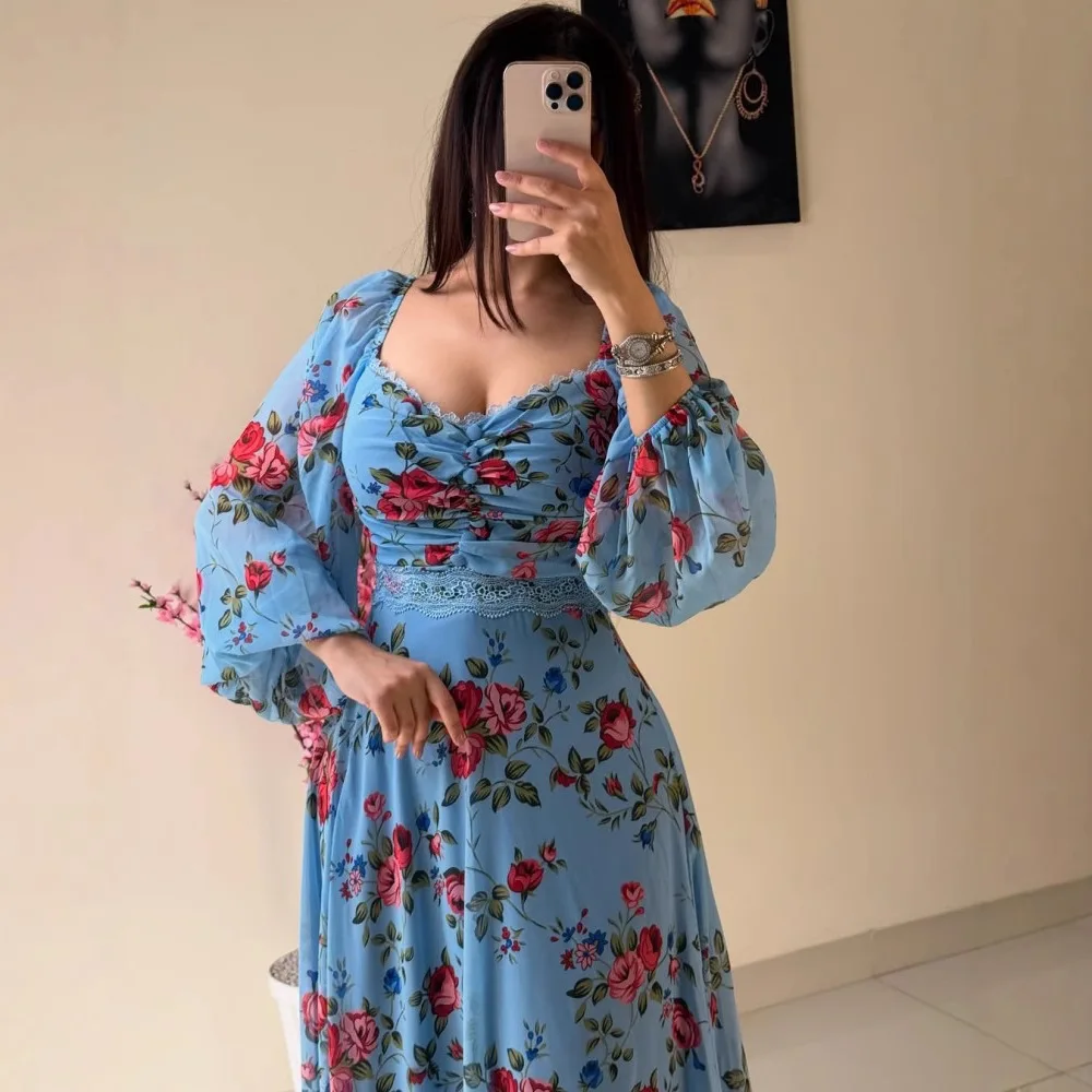 Vestido de encaje estampado de gasa para mujer, vestido largo de manga larga para primavera y verano, cintura alta, ajustado, largo vestido bohe Floral